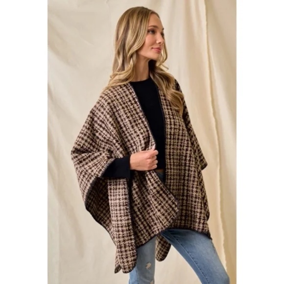 Mocha Brown Houndstooth Knit Shawl Open Poncho Wrap Casual Fall Winter One Size - Picture 2 of 6
